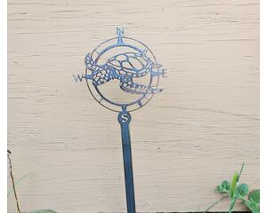 Metal yard stake,  realistic sea turtle set in a compass rose. Made in the USA by Ironstone Steel.