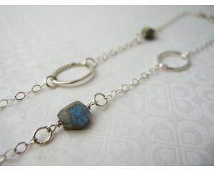 Long 35 inch sterling silver and labradorite necklace with hand made silver circle links and faceted labradorite nuggets.
