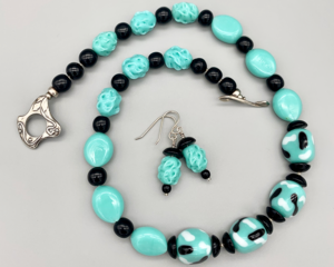 Necklace set |  Aqua/turquoise and black mid-century palette vintage glass beads