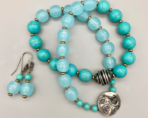 Necklace set | "Turquoise" stone rounds and aqua/turquoise vintage Japanese glass beads, sterling bird toggle