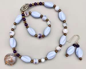 Necklace set | Pale orchid mid-century twists, givre rounds, faceted crystals, periwinkle/aventurina Italian disk