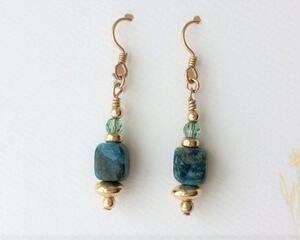 Blue green kyanite stone earrings embellished with 14K gold filled accents and earwires