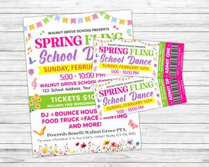 Editable Spring Fling School Dance Flyer and Ticket Bundle Template