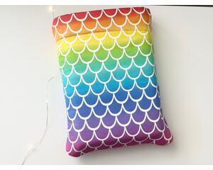 this mermaid scale book sleeve is rainbow with scales all over the book holder.