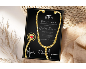 Editable Nurse Graduation Invitation Black and Gold Template