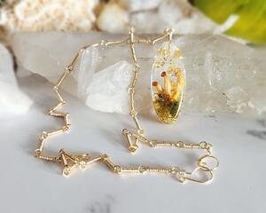 Moss, Gold Leaf and Mushroom Gold Toned Sterling Silver Necklace