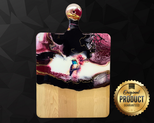 Handcrafted maple charcuterie board featuring a watercolor hummingbird, pink flowers, and luxurious 24k gold accents. Perfect gift!