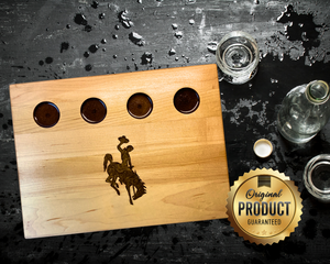 12X9-in. maple hardwood shot glass flight board featuring the Wyoming Cowboy logo in brown and gold resin. Perfect for bars, gifts, decor!