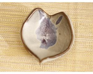 Ceramic heart shaped spoon rest. Glazed in grayish blue and purple colors. Approximately 3"x3.5"