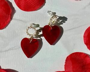 Pearl and red heart dangle earrings, valentine's day earrings