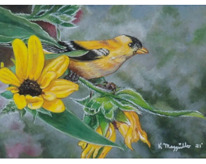 Goldfinch in Sunflowers Painting, "Rays of Sunshine"