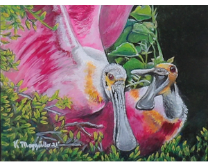 Pink Spoonbills Painting, "Hey Mom!"