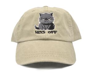  'Hiss Off' embroidered cat baseball cap. Comfortable khaki cotton design with grumpy cat motif - purrfect for cat lovers! Shop now