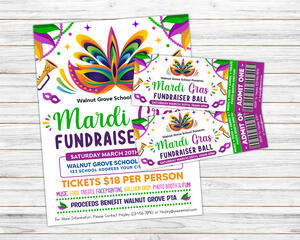 Customizable Mardi Gras Masquerade Ball Invitation Flyer and Ticket Bundle Template