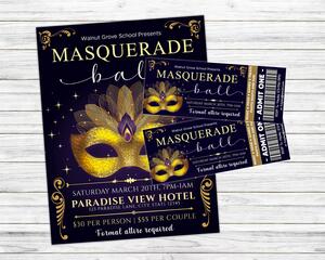 Editable Masquerade Ball Junior Senior Prom Flyer and Ticket Bundle Template