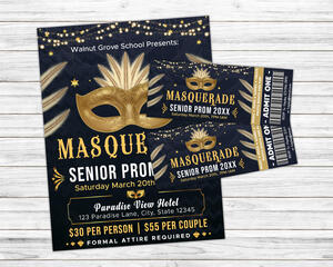 Editable Junior Senior Masquerade Ball Prom Flyer and Ticket Bundle Template
