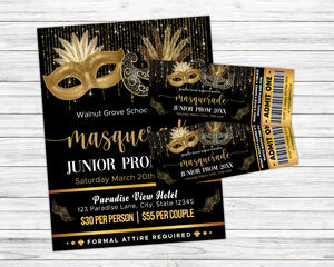  Customizable Junior Senior Masquerade Ball Prom Ticket and Flyer Bundle Template