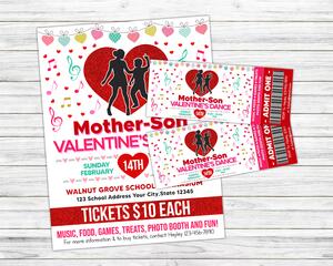 Editable Mother Son Valentine's Dance Ticket and Flyer Bundle Template