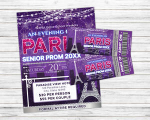 Editable An Evening in Paris Theme School Prom Flyer and Ticket Bundle Template
