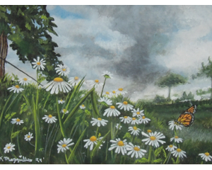 Butterfly and Daises Painting, "Spring May Flowers"
