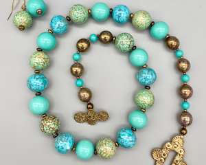 Necklace ser | Vintage faux-turquoise glass beads — Bohemian/Czech Hubbell beads, Japanese, Southwest-style bronze designer toggle clasp