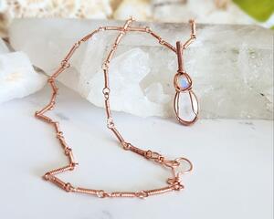 Rainbow Moonstone and Opal Copper Wire Wrapped Necklace