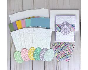 A 6-piece card kit with white embossed cardstock, pastel plaid ribbons, 6 pastel die cut cardstock eggs and set of cards and envelopes.