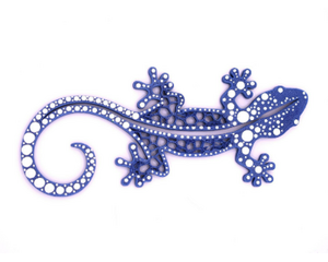Front side of 3D printed blue salamander with hand painted white dot art