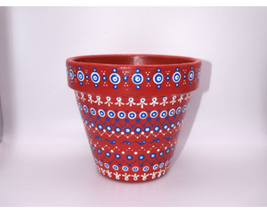 Full front view of hand painted, repurposed, gently used, flower pot with dot art painted around the pot's entirety.