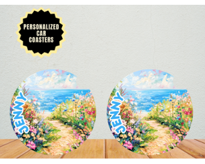 Beach sunset car coaster. Ocean waves drink coaster. Vibrant coastal car cup mat. Floral beach-themed coaster
