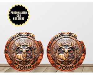 Tooled leather dark brown deer car coaster. Personalized option available. Durable absorbent ceramic cup holder pad.