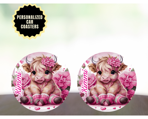 Pink Highland Cow with Flowers – Custom Car Coaster Set by Tammi Oribello Designs. Lapeer Michigan
