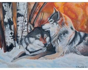 Two Wolves Painting Sharing a Tender Moment