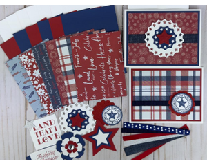 A set of 6 patriotic greeting cards with handcrafted embellishments offered as a card making kit for adults.