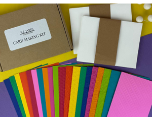 Bright embossed cardstock with cards and envelopes to make your own birthday cards. Complete kit that makes 10 birthday cards.