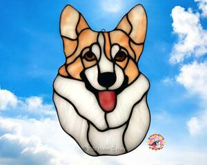 Pembroke Corgi stained glass suncatcher in Fawn and White.