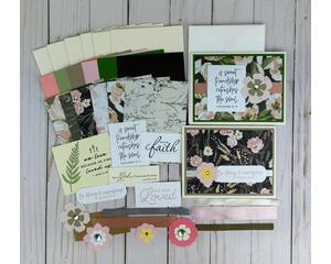 A religious DIY card kit with cardstock, scrapbook paper, handcrafted embellishments, scripture sentiments and cards/envelopes for 6 cards.