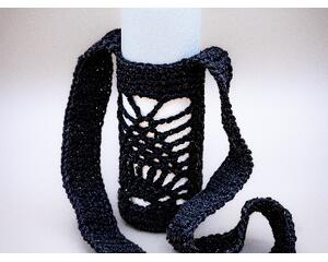 Pineapple Lace Water bottle sling/carrier in black with a full-sized water bottle. Great for hiking, day out, shopping trip, conferences