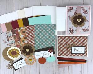 A fall card making kit with cardstock, scrapbook paper, embellishments, cards and envelopes to DIY 6 autumn greeting cards.