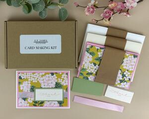 A card making kit to DIY 6 pink hydrangea thank you cards with scrapbook paper, cardstock, stamped sentiments, ribbons and cards/envelopes.