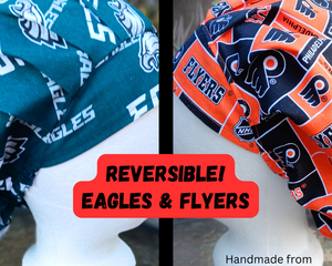 Side by side view of Bouffant scrub cap showing both the Philadelphia Eagles print and the Philadelphia Flyers print