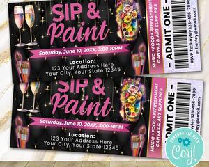 Editable Paint Party Themed Event Ticket | Sip and Paint Ticket Stub Template