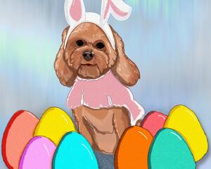 Fawn digitally hand drawn pet artwork with bunny ears and easter eggs