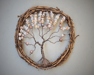 brown wire tree attached to grapevine rustic look also adorned with sunstone chip beads front view