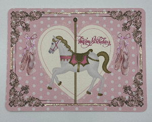 Pink and gold themed carousel horse girl birthday card with while polka dots and ballet slippers