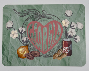 State of Georgia featuring what we are most known for, cotton,  peaches, soda in the red can, nuts, and onions.