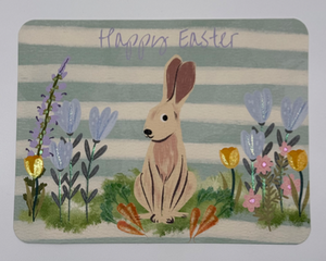Striped green and white card with watercolor bunny surrounded by beautiful spring flowers accented with shiny paints 