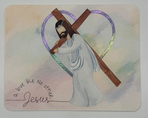 Watercolor background with watercolor Jesus carrying wooden cross wrapped with heart, heart accented in chrome paints