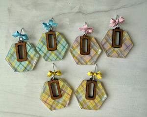 Hexagon Plaid Earrings with Bow