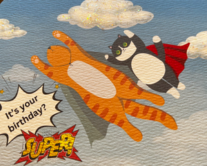 Superhero birthday card with a twist, featuring two cats flying with capes 